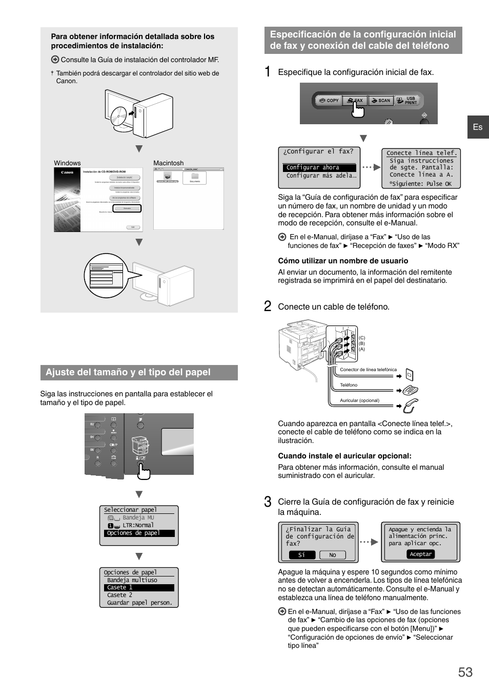 De fax y conexión del cable del teléfono, Oceda con “ajuste del tamaño y el tipo del papel, Pág.53) | Pбg.53), Ajuste del tamaño y el tipo del papel | Canon i-SENSYS MF6180dw User Manual | Page 53 / 292
