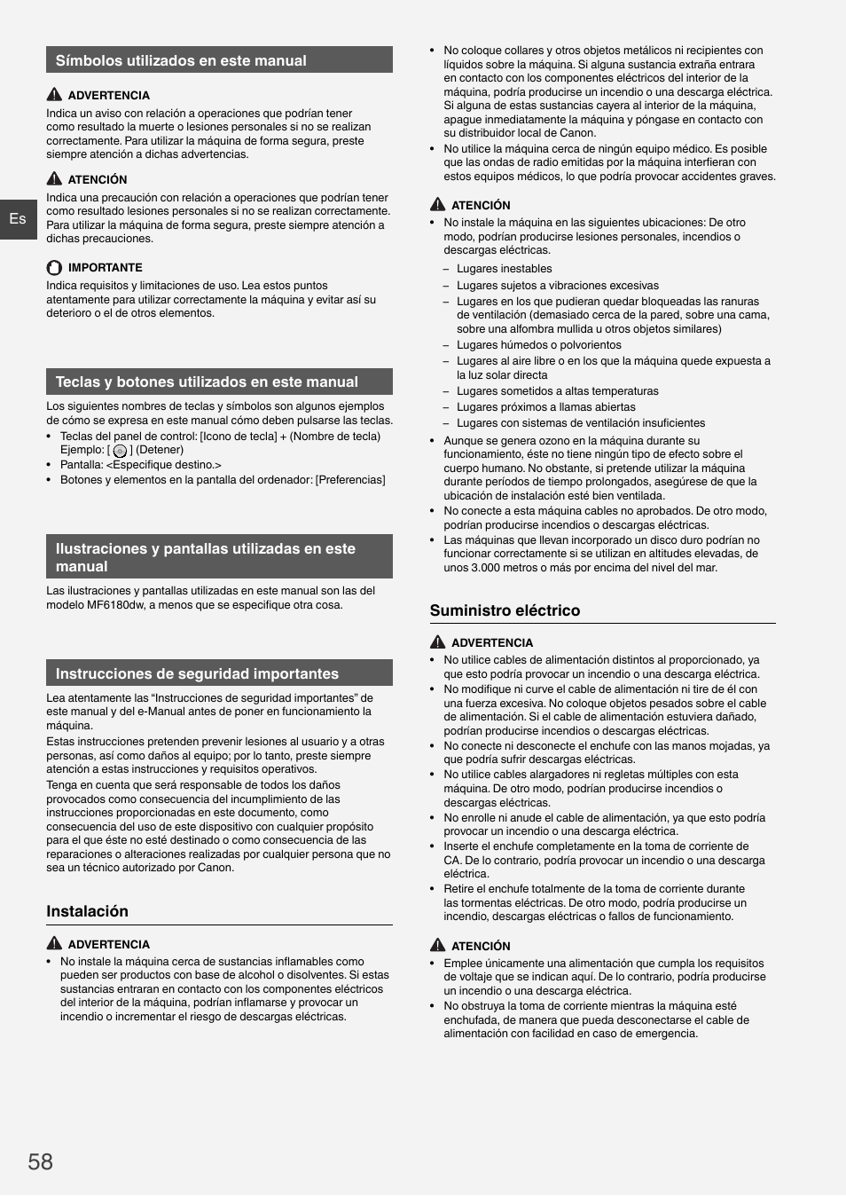 Instalación, Suministro eléctrico, Es símbolos utilizados en este manual | Teclas y botones utilizados en este manual, Instrucciones de seguridad importantes | Canon i-SENSYS MF6180dw User Manual | Page 58 / 292