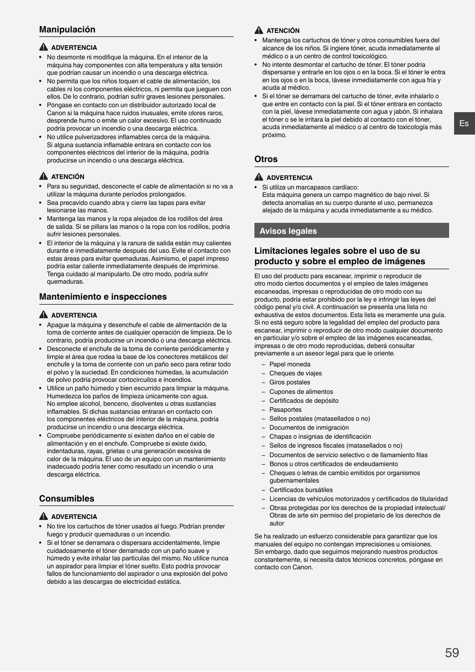 Manipulación, Mantenimiento e inspecciones, Consumibles | Otros, Avisos legales | Canon i-SENSYS MF6180dw User Manual | Page 59 / 292