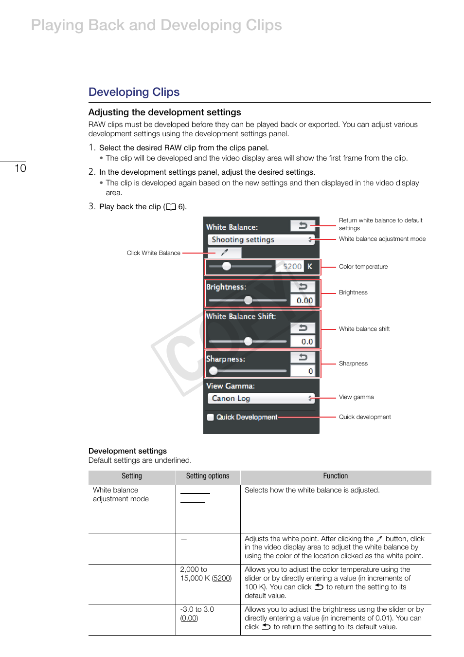 Developing clips, Adjusting the development settings, Cop y | Playing back and developing clips | Canon EOS C500 PL User Manual | Page 10 / 24