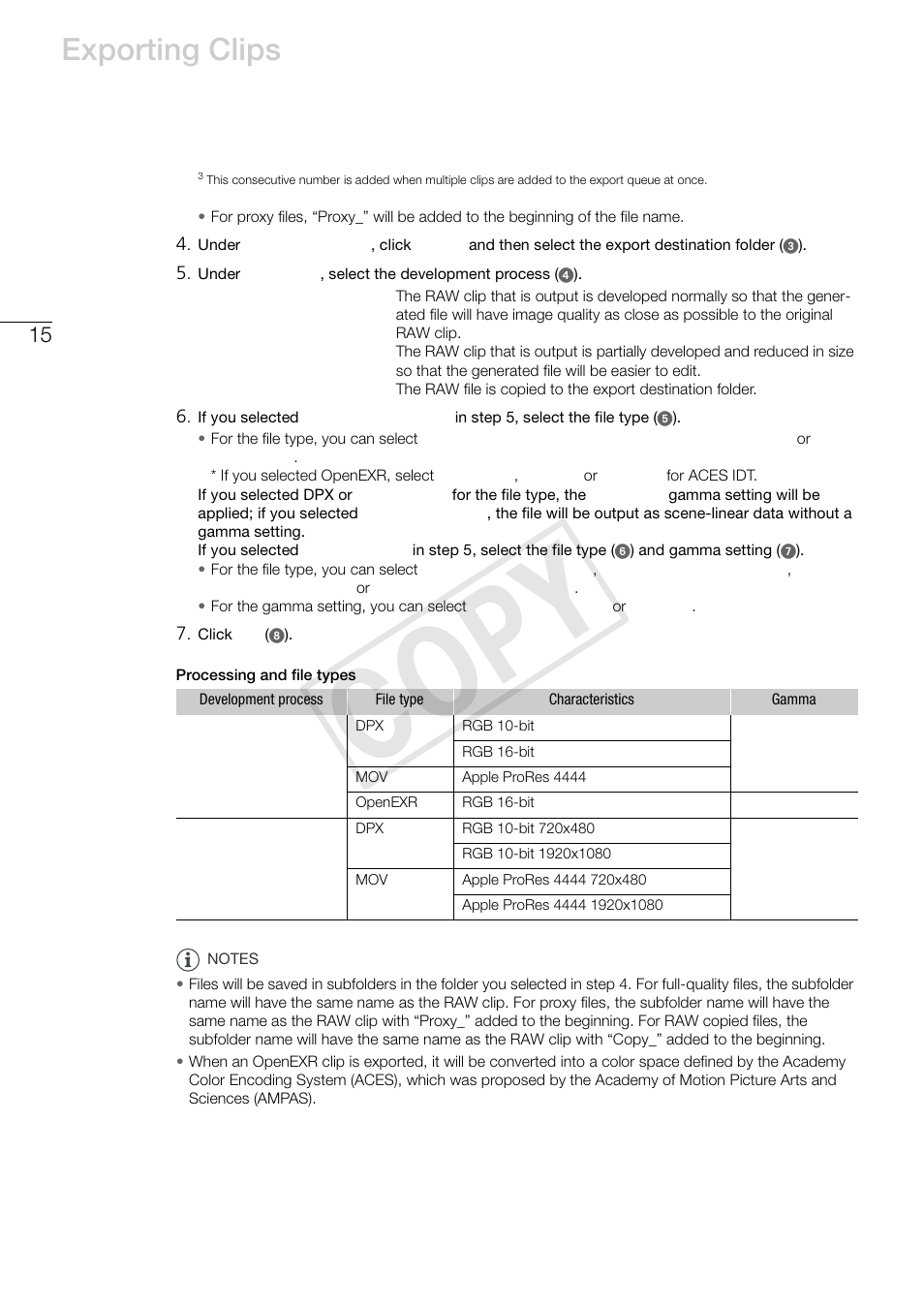 Cop y, Exporting clips | Canon EOS C500 PL User Manual | Page 15 / 24