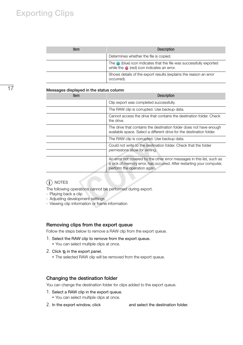 Removing clips from the export queue, Changing the destination folder, Cop y | Exporting clips | Canon EOS C500 PL User Manual | Page 17 / 24