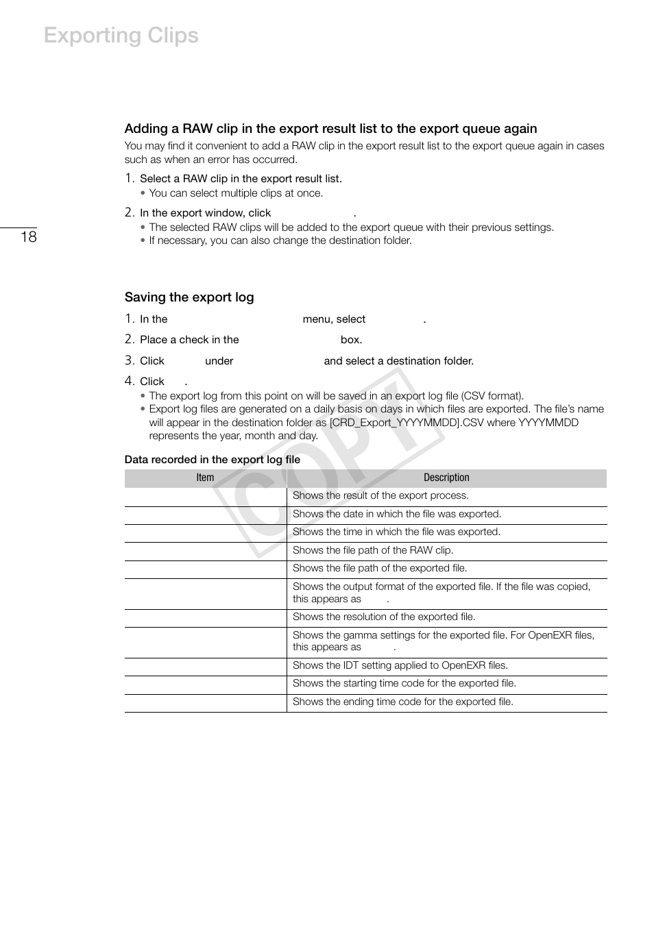 Saving the export log, Cop y, Exporting clips | Canon EOS C500 PL User Manual | Page 18 / 24