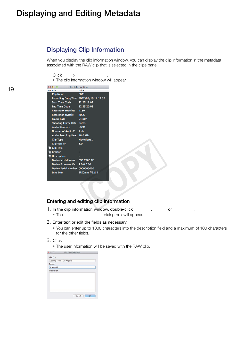 19 displaying and editing, Metadata, Displaying clip information | Entering and editing clip information, Cop y, Displaying and editing metadata | Canon EOS C500 PL User Manual | Page 19 / 24