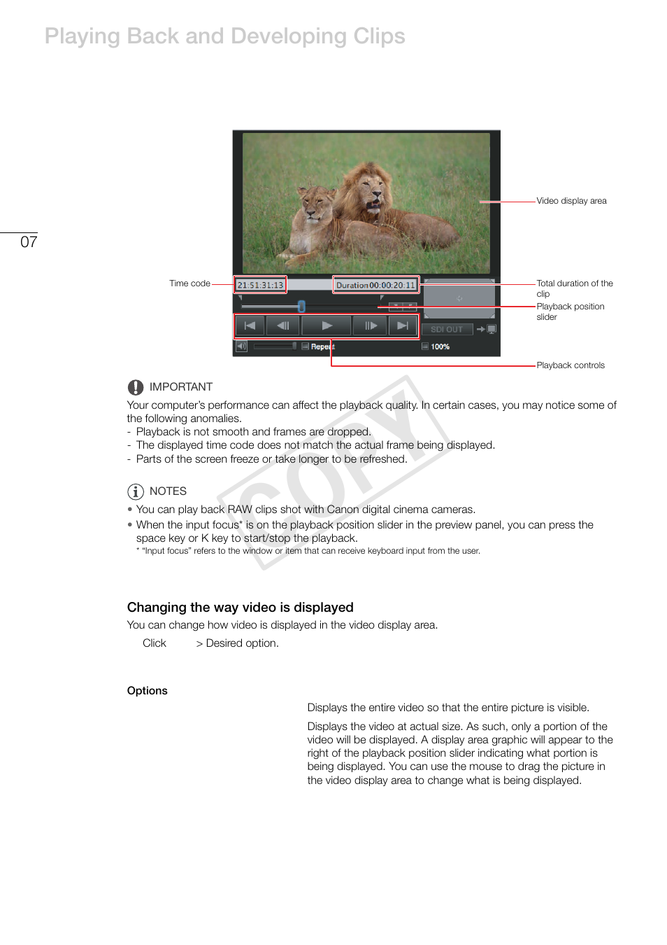 Changing the way video is displayed, Cop y, Playing back and developing clips | Canon EOS C500 PL User Manual | Page 7 / 24