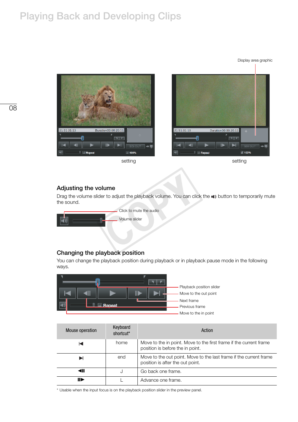 Adjusting the volume, Changing the playback position, Cop y | Playing back and developing clips | Canon EOS C500 PL User Manual | Page 8 / 24