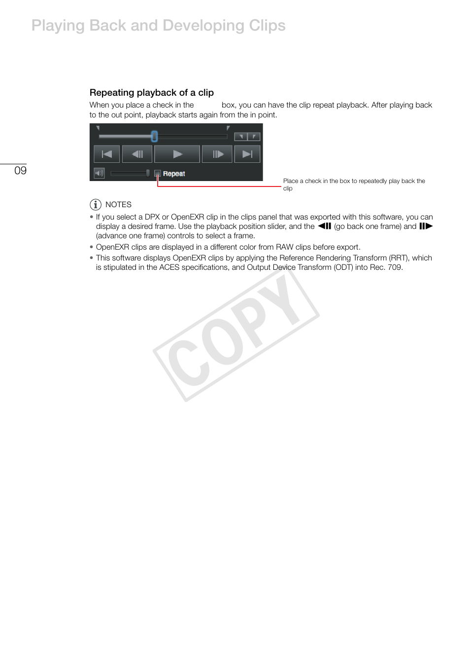 Repeating playback of a clip, Cop y | Canon EOS C500 PL User Manual | Page 9 / 24