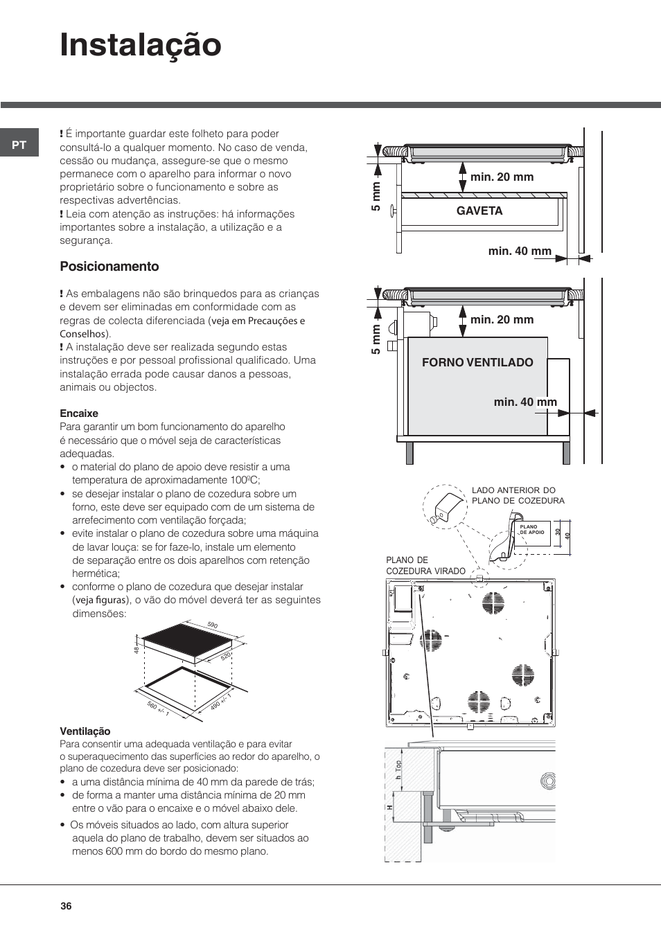 Instalação, Posicionamento | Hotpoint Ariston KIO 633 T Z User Manual | Page 36 / 84