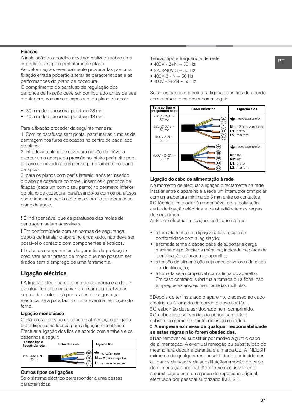 Ligação eléctrica | Hotpoint Ariston KIO 633 T Z User Manual | Page 37 / 84
