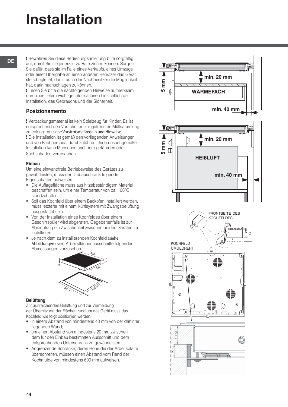 Installation, Posizionamento | Hotpoint Ariston KIO 633 T Z User Manual | Page 44 / 84