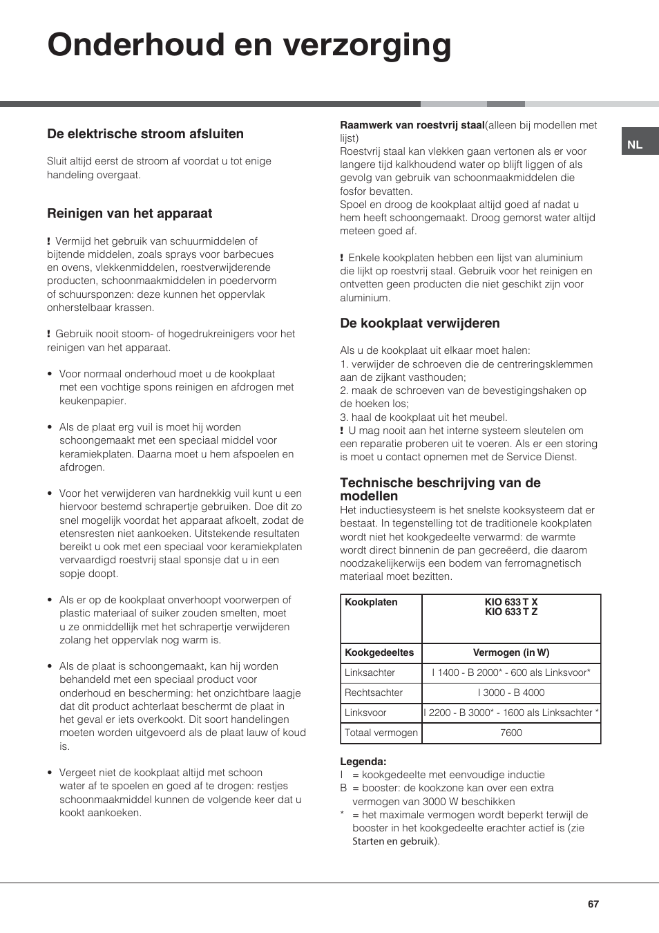 Onderhoud en verzorging | Hotpoint Ariston KIO 633 T Z User Manual | Page 67 / 84