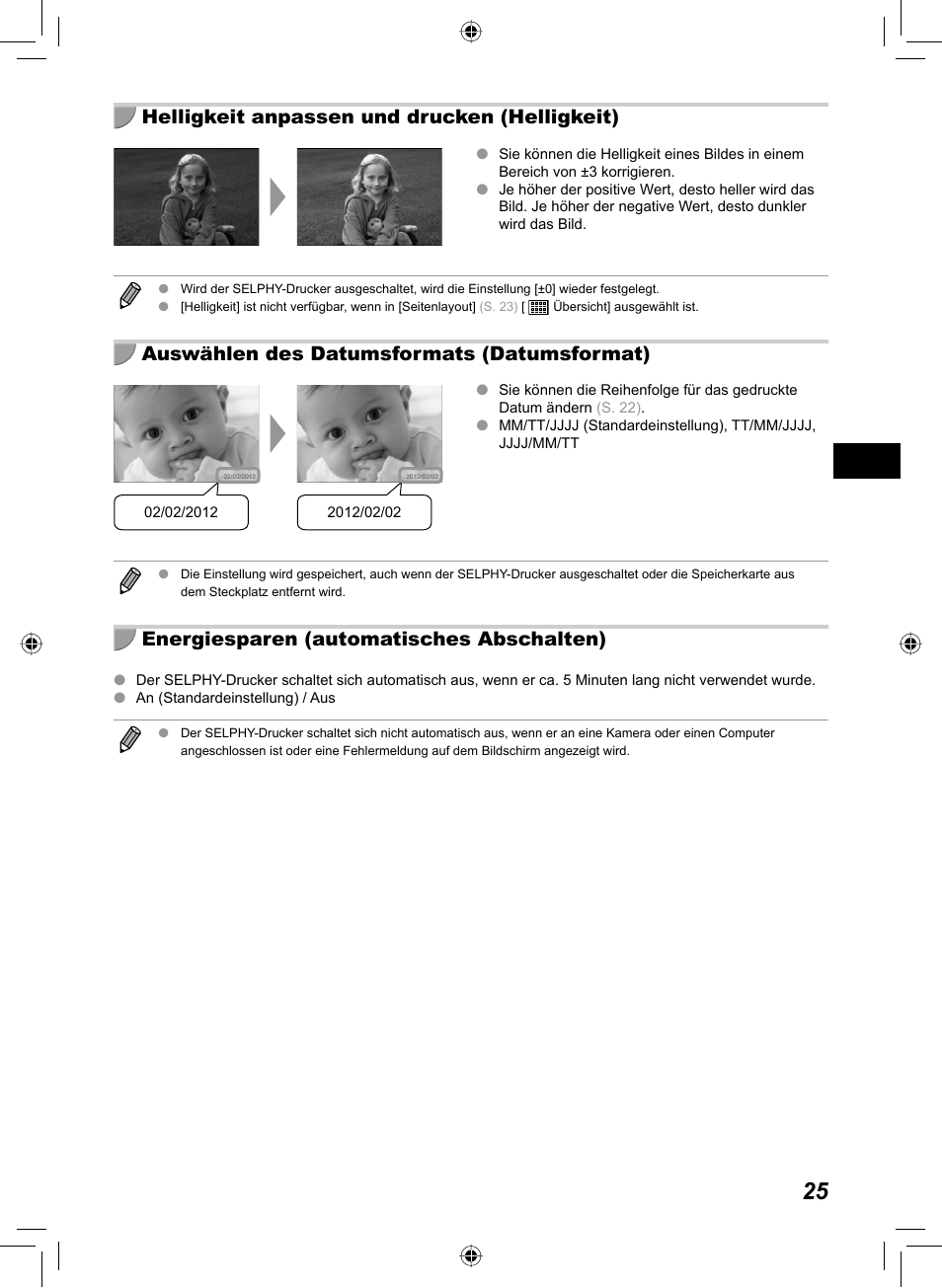 Helligkeit anpassen und drucken (helligkeit), Auswählen des datumsformats (datumsformat), Energiesparen (automatisches abschalten) | Canon SELPHY CP810 User Manual | Page 105 / 360