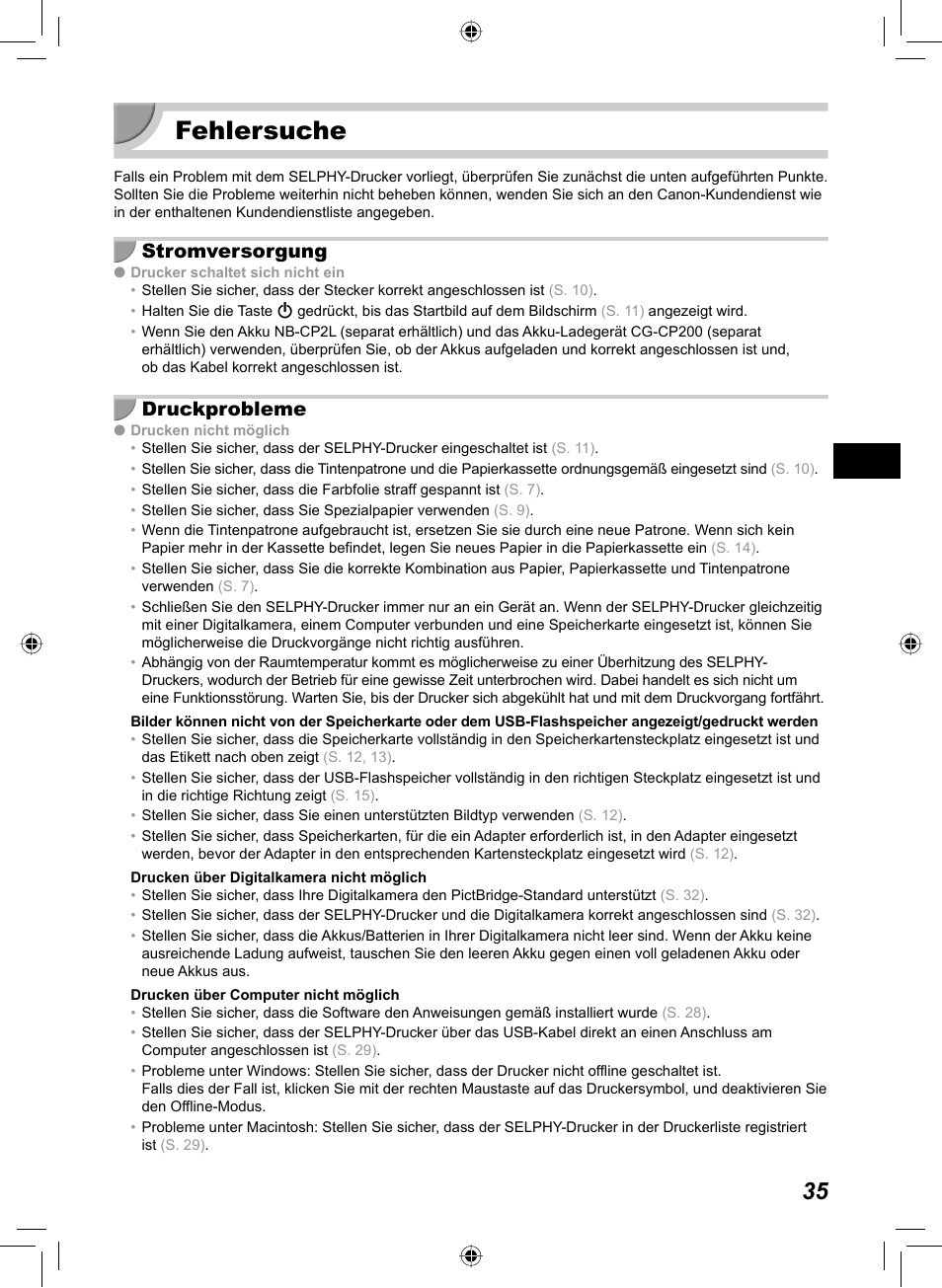 Fehlersuche, Stromversorgung, Druckprobleme | Canon SELPHY CP810 User Manual | Page 115 / 360