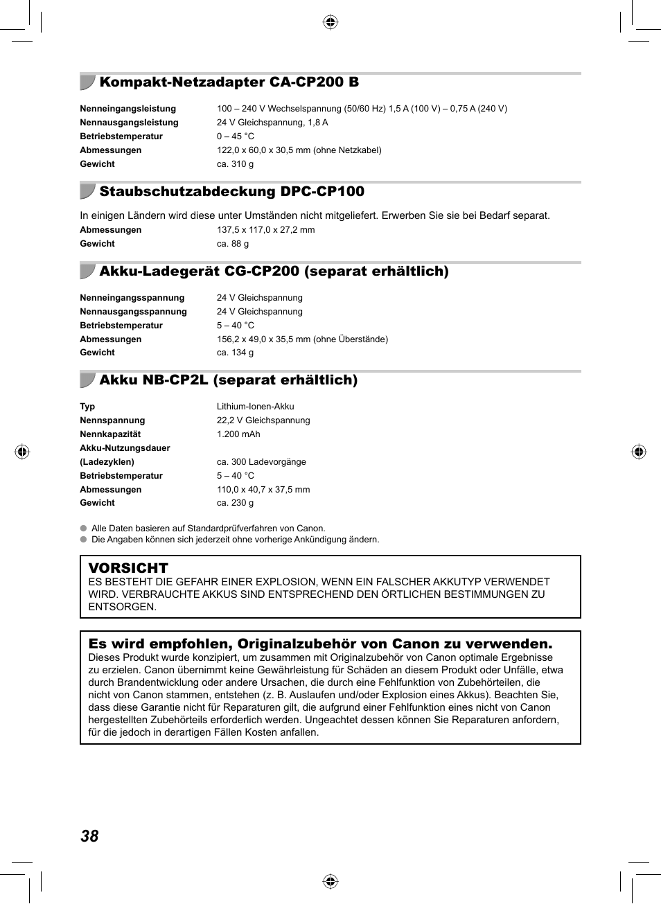 Kompakt-netzadapter ca-cp200 b, Staubschutzabdeckung dpc-cp100, Akku-ladegerät cg-cp200 (separat erhältlich) | Akku nb-cp2l (separat erhältlich), Vorsicht | Canon SELPHY CP810 User Manual | Page 118 / 360