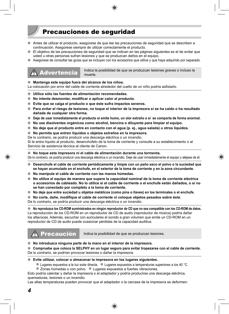 Precauciones de seguridad, Advertencia, Precaución | Canon SELPHY CP810 User Manual | Page 124 / 360