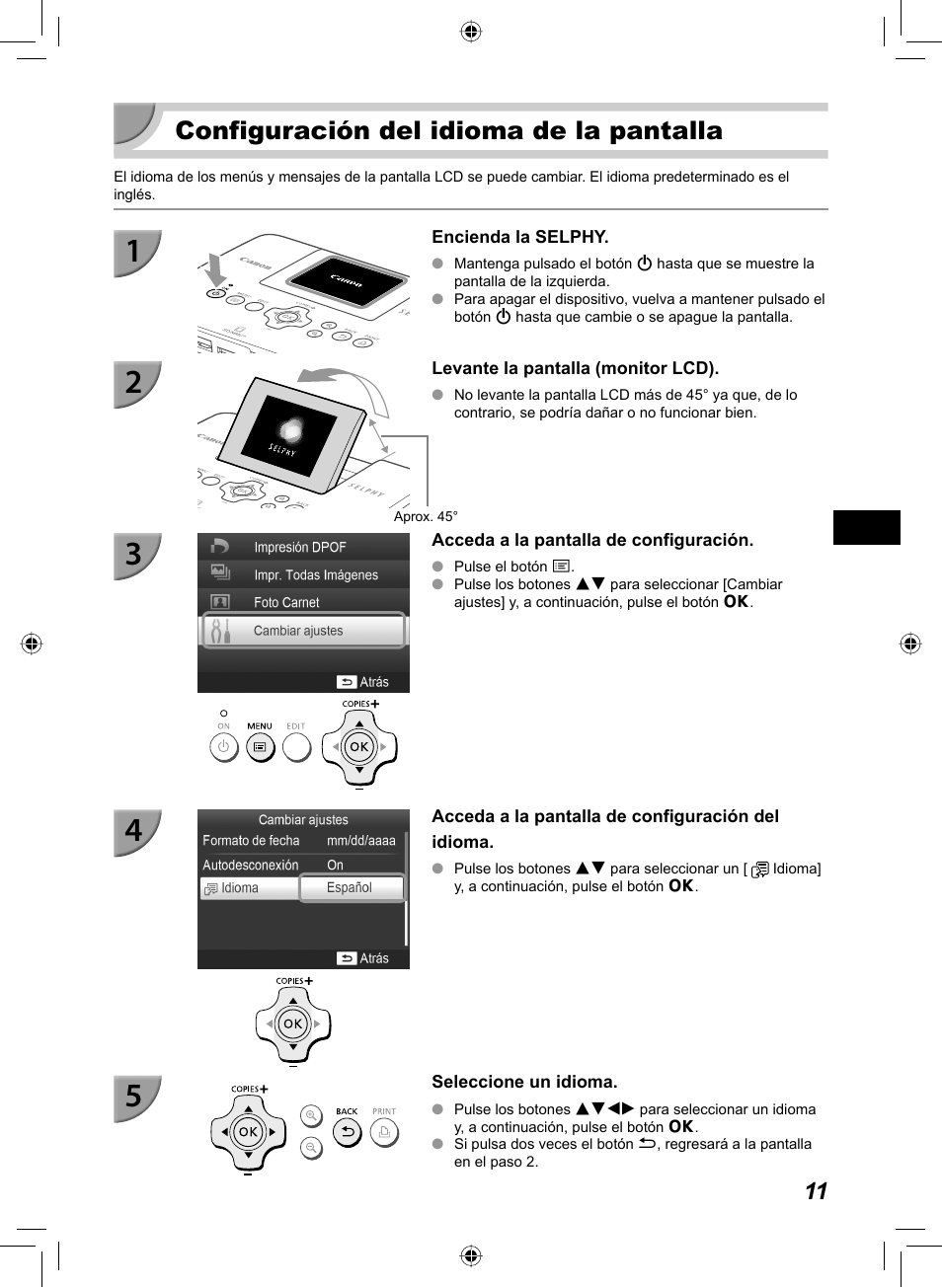 Configuración del idioma de la pantalla | Canon SELPHY CP810 User Manual | Page 131 / 360