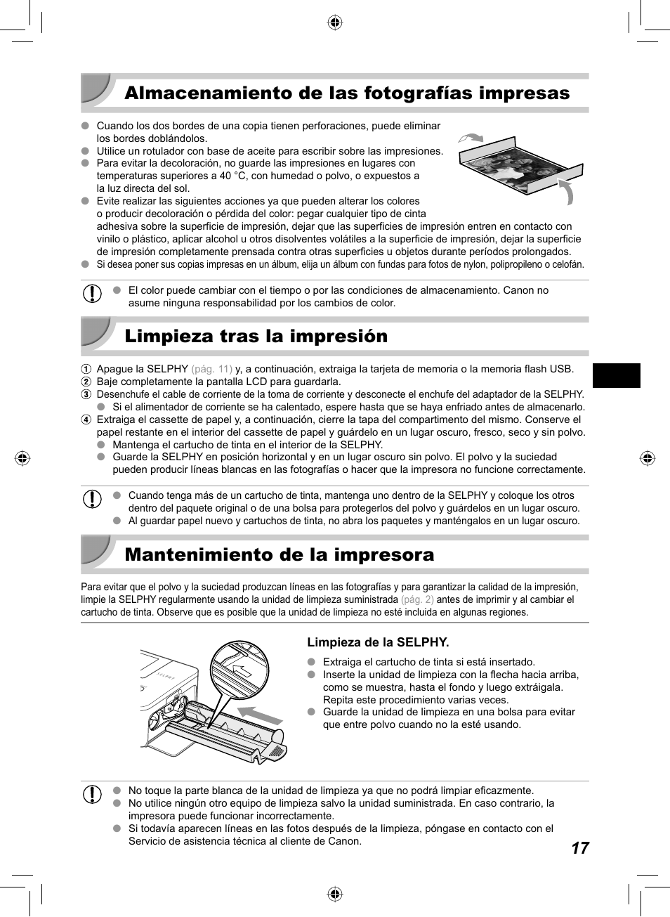Almacenamiento de las fotografías impresas, Limpieza tras la impresión, Mantenimiento de la impresora | Canon SELPHY CP810 User Manual | Page 137 / 360