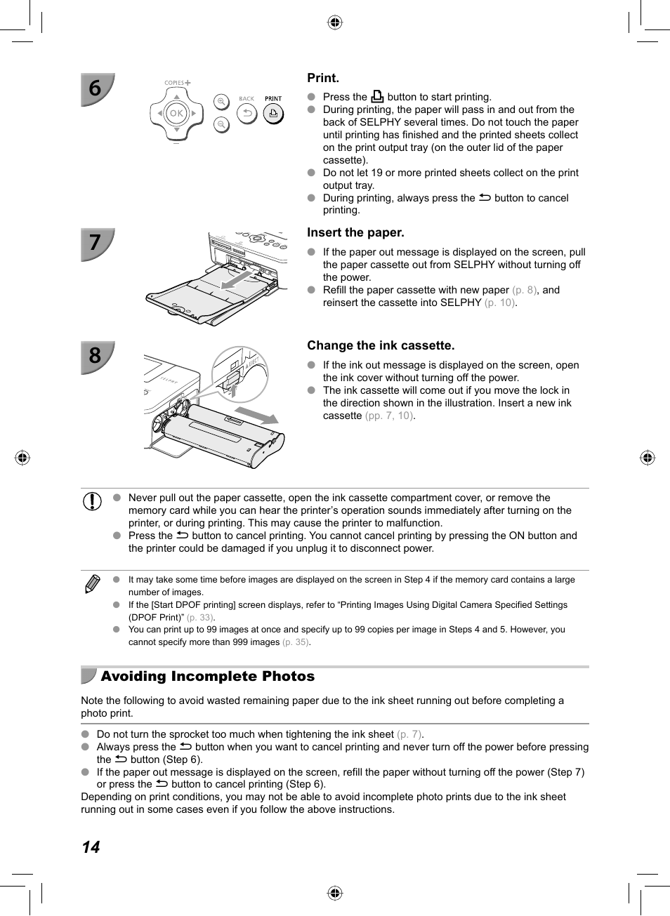 Avoiding incomplete photos | Canon SELPHY CP810 User Manual | Page 14 / 360