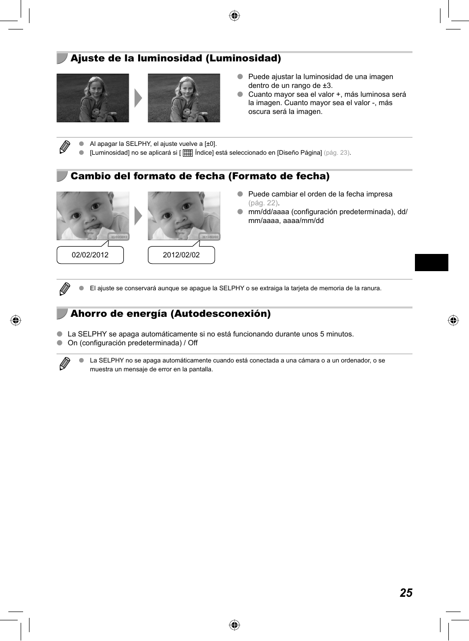 Ajuste de la luminosidad (luminosidad), Cambio del formato de fecha (formato de fecha), Ahorro de energía (autodesconexión) | Canon SELPHY CP810 User Manual | Page 145 / 360