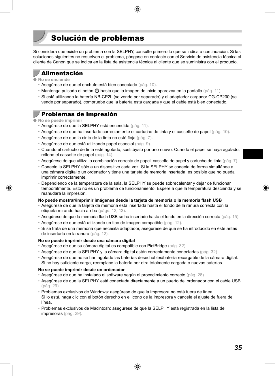 Solución de problemas, Alimentación, Problemas de impresión | Canon SELPHY CP810 User Manual | Page 155 / 360