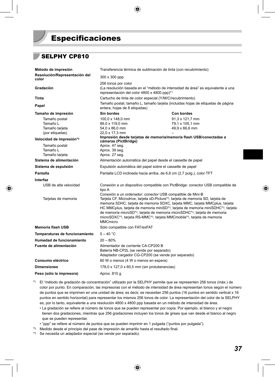 Especificaciones, Selphy cp810 | Canon SELPHY CP810 User Manual | Page 157 / 360
