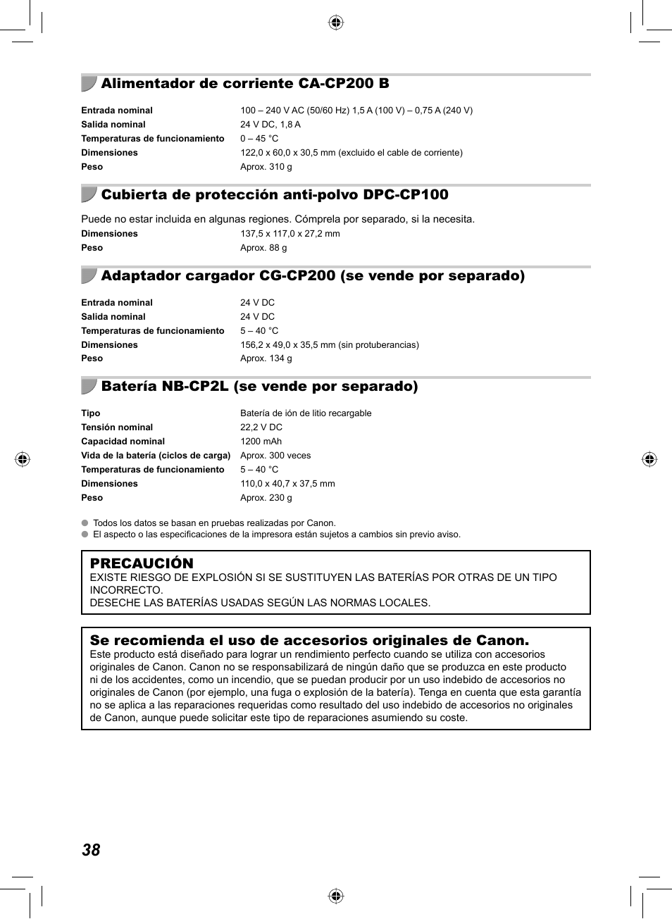 Alimentador de corriente ca-cp200 b, Cubierta de protección anti-polvo dpc-cp100, Batería nb-cp2l (se vende por separado) | Precaución | Canon SELPHY CP810 User Manual | Page 158 / 360