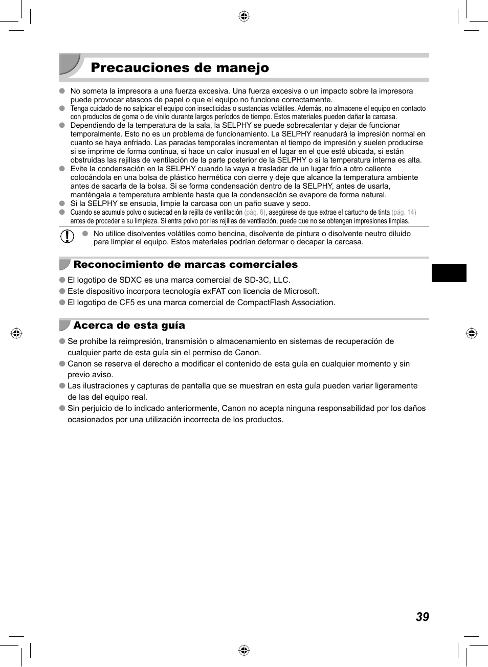 Precauciones de manejo | Canon SELPHY CP810 User Manual | Page 159 / 360