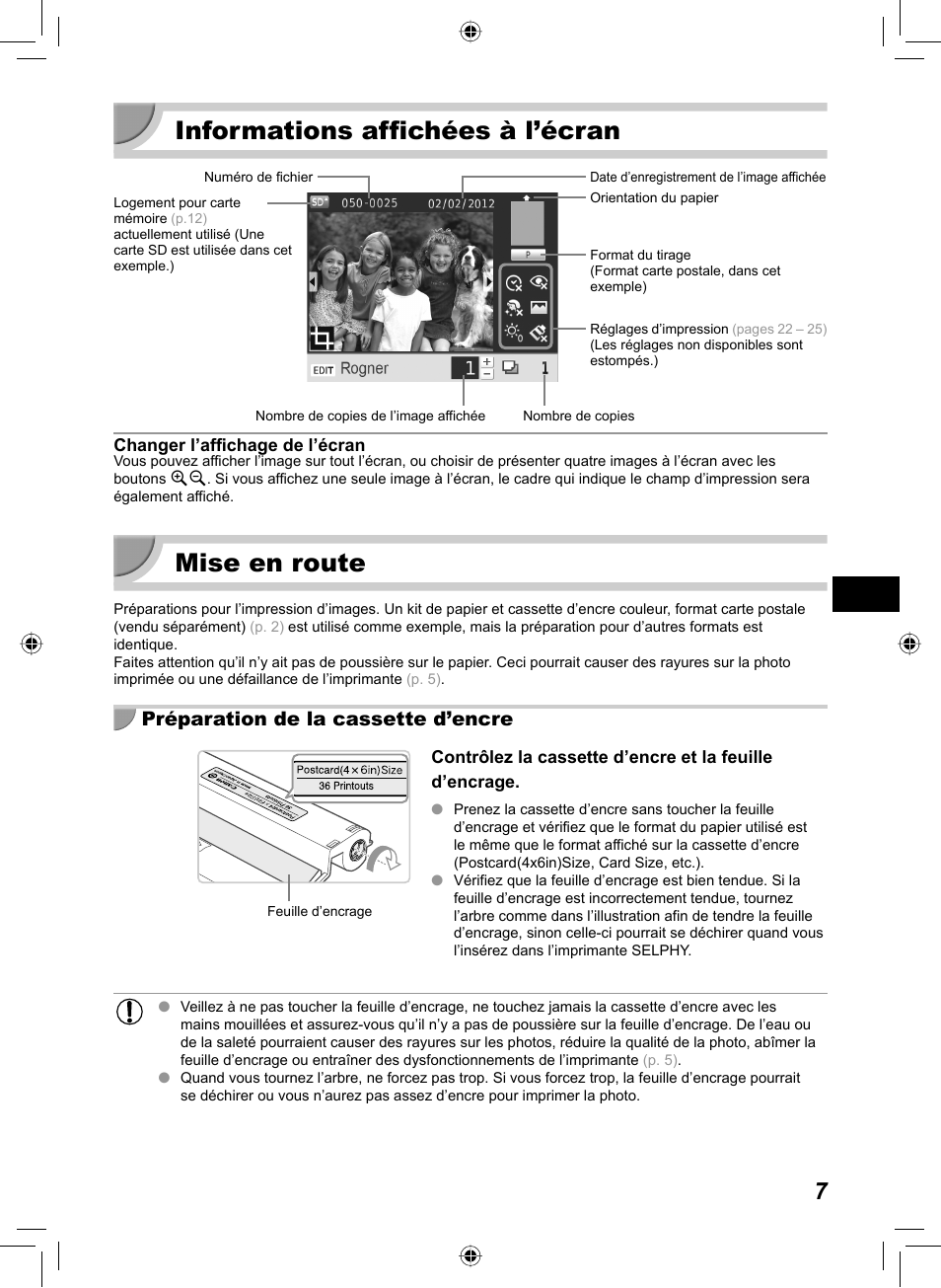 Informations affichées à l’écran, Mise en route, Préparation de la cassette d’encre | Canon SELPHY CP810 User Manual | Page 167 / 360