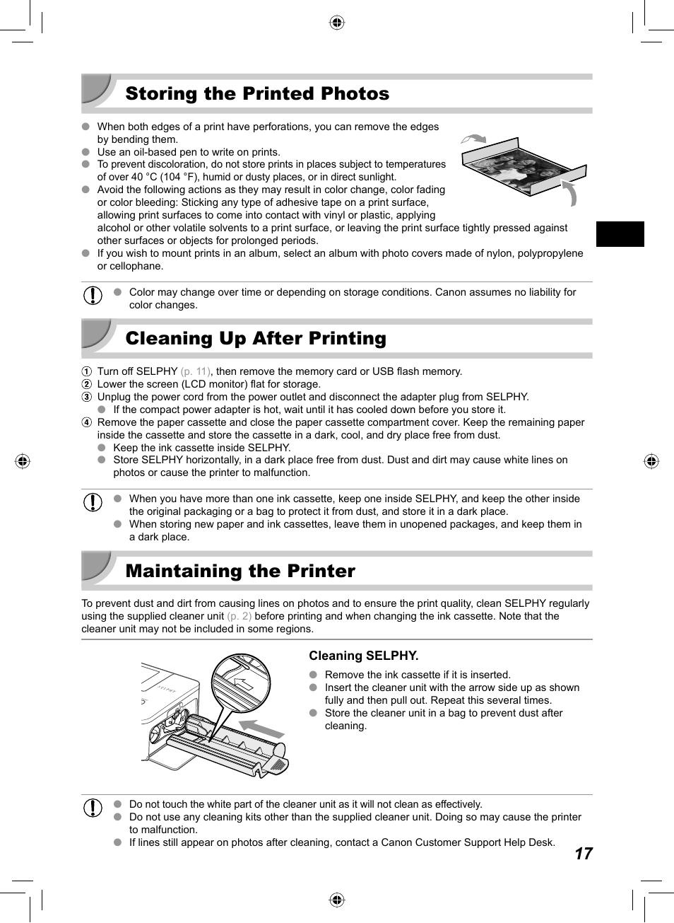 Storing the printed photos, Cleaning up after printing, Maintaining the printer | Canon SELPHY CP810 User Manual | Page 17 / 360