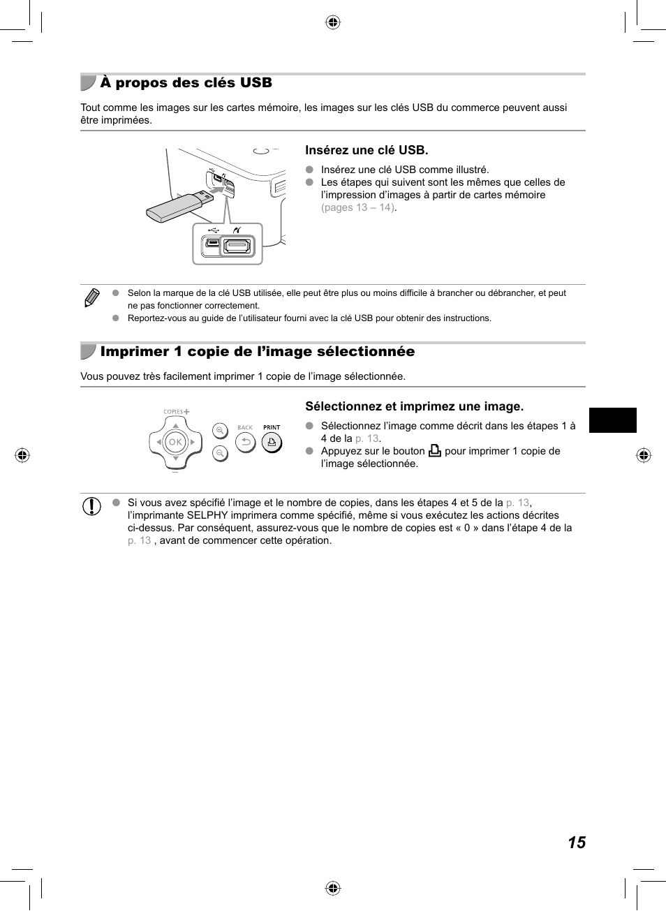 À propos des clés usb, Imprimer 1 copie de l’image sélectionnée | Canon SELPHY CP810 User Manual | Page 175 / 360