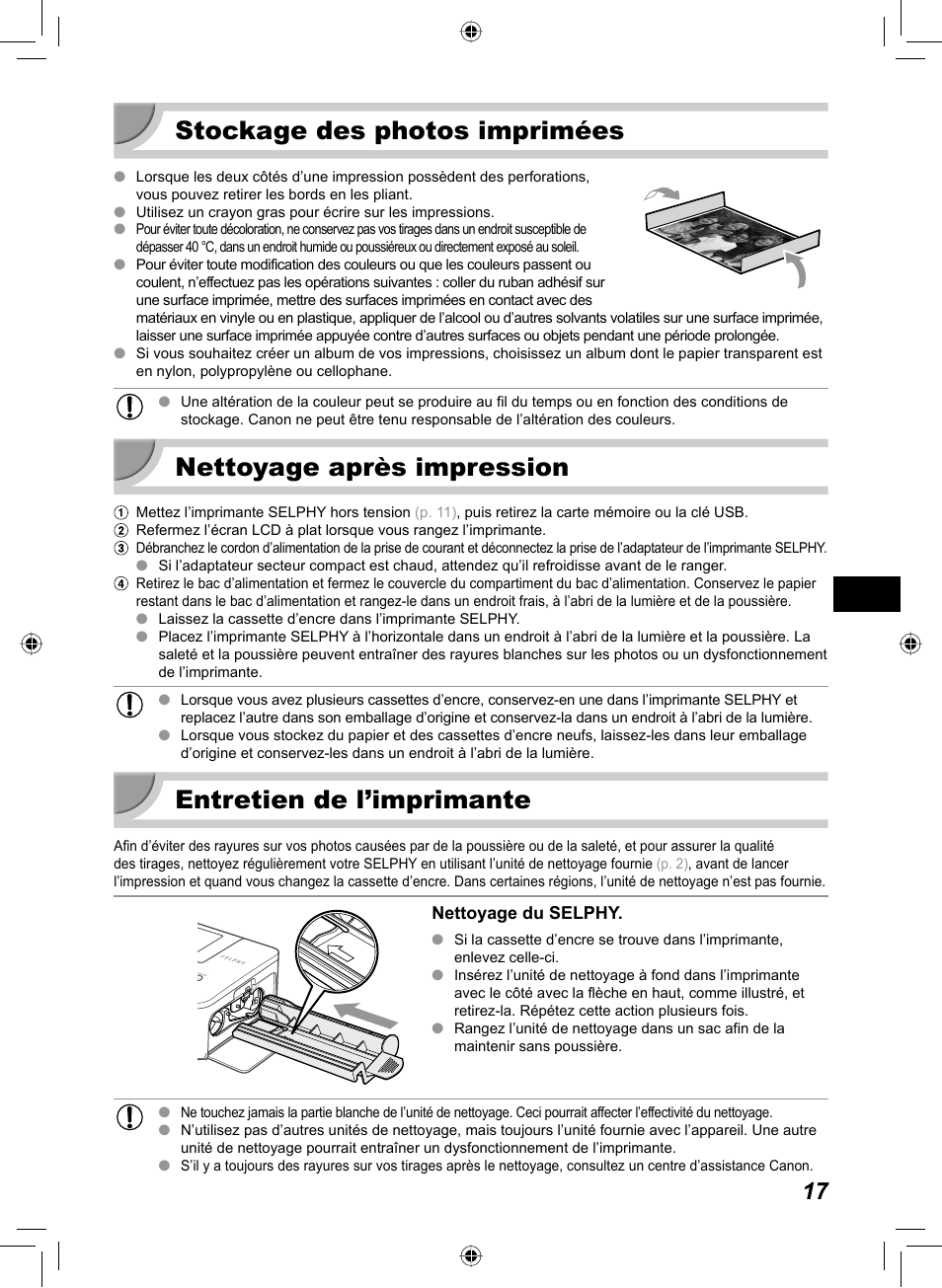 Stockage des photos imprimées, Nettoyage après impression, Entretien de l’imprimante | Canon SELPHY CP810 User Manual | Page 177 / 360