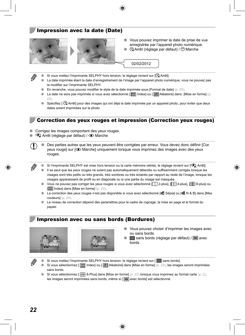 Impression avec la date (date), Impression avec ou sans bords (bordures) | Canon SELPHY CP810 User Manual | Page 182 / 360