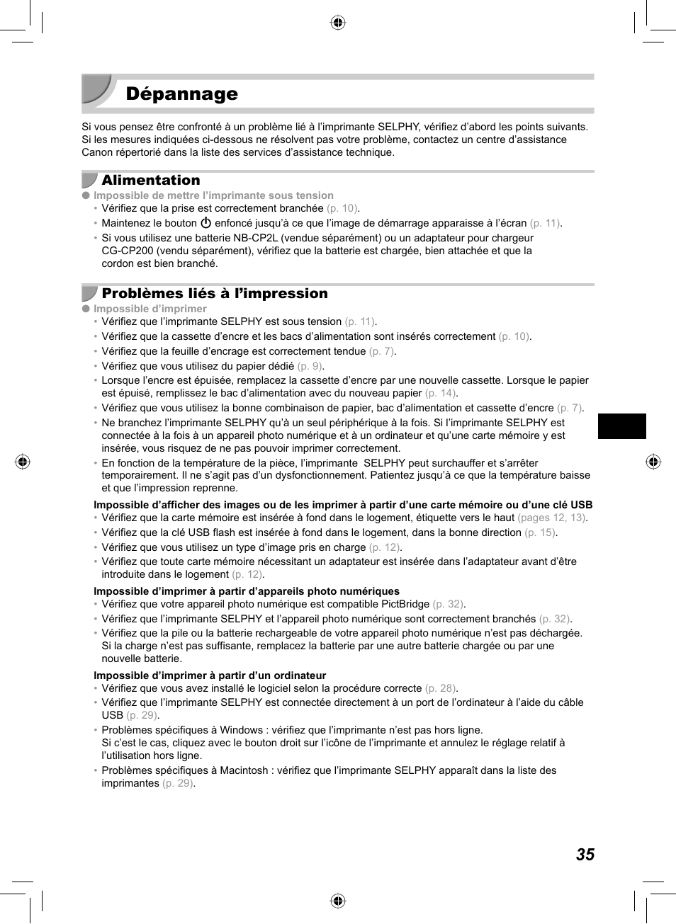 Dépannage, Alimentation, Problèmes liés à l’impression | Canon SELPHY CP810 User Manual | Page 195 / 360