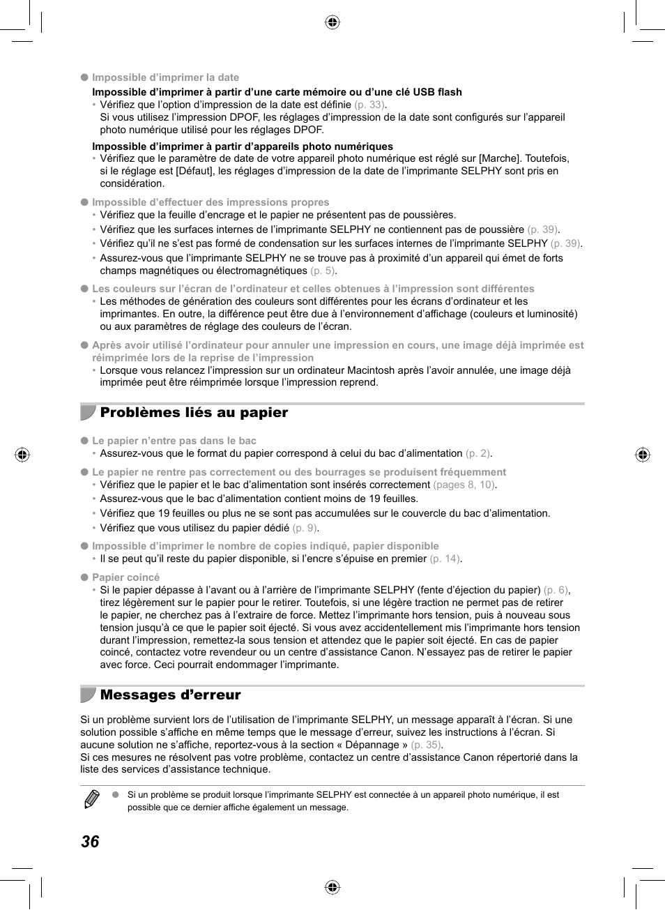 Problèmes liés au papier, Messages d’erreur | Canon SELPHY CP810 User Manual | Page 196 / 360