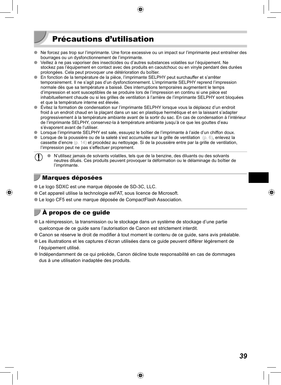 Précautions d’utilisation, Marques déposées à propos de ce guide | Canon SELPHY CP810 User Manual | Page 199 / 360