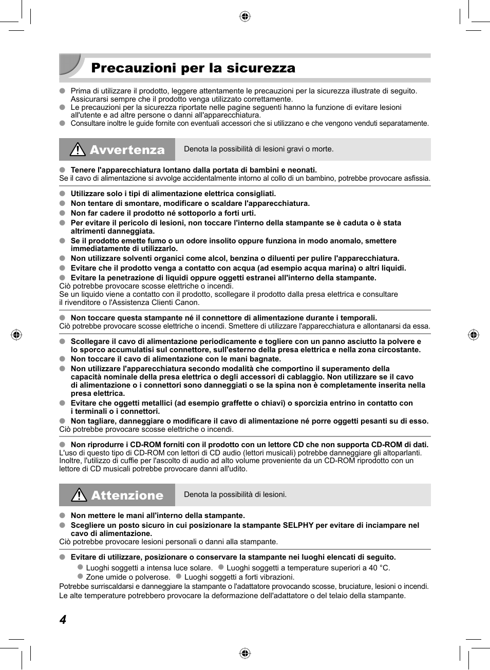 Precauzioni per la sicurezza, Avvertenza, Attenzione | Canon SELPHY CP810 User Manual | Page 204 / 360