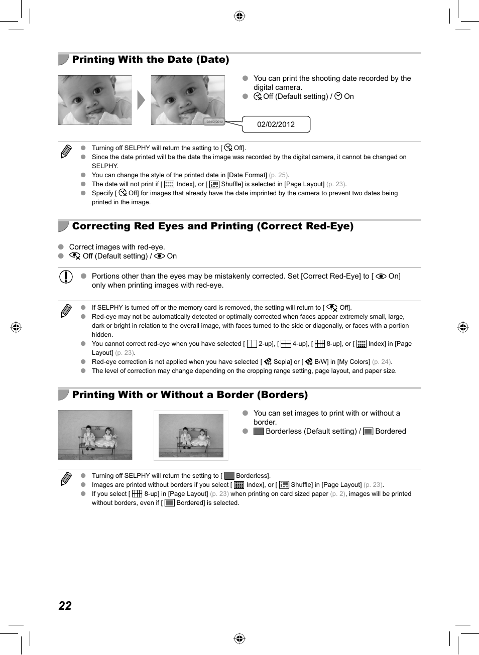 Printing with the date (date), Correcting red eyes and printing (correct red-eye), Printing with or without a border (borders) | Canon SELPHY CP810 User Manual | Page 22 / 360