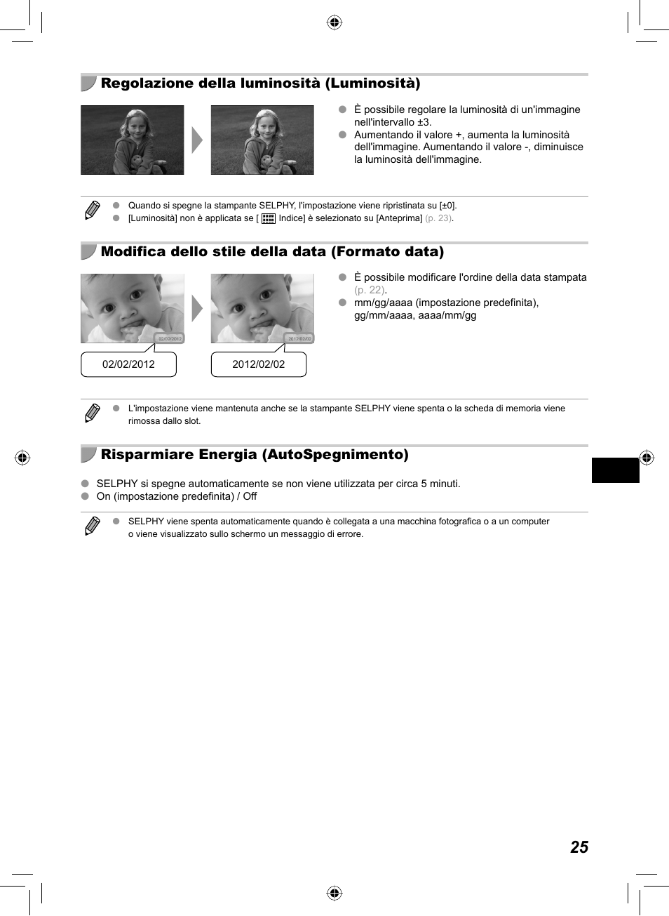 Regolazione della luminosità (luminosità), Modifica dello stile della data (formato data), Risparmiare energia (autospegnimento) | Canon SELPHY CP810 User Manual | Page 225 / 360