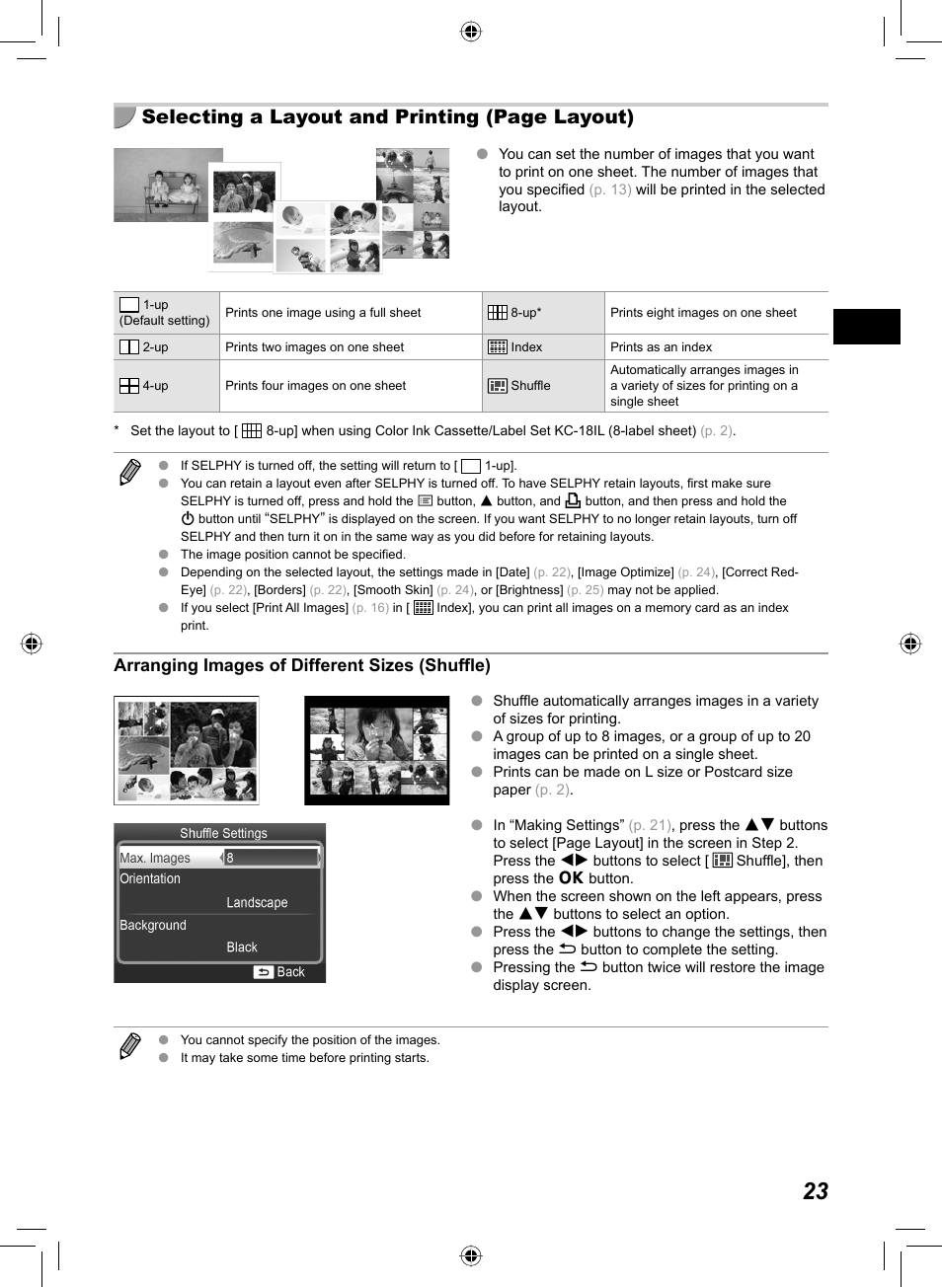Selecting a layout and printing (page layout), Arranging images of different sizes (shuffle) | Canon SELPHY CP810 User Manual | Page 23 / 360