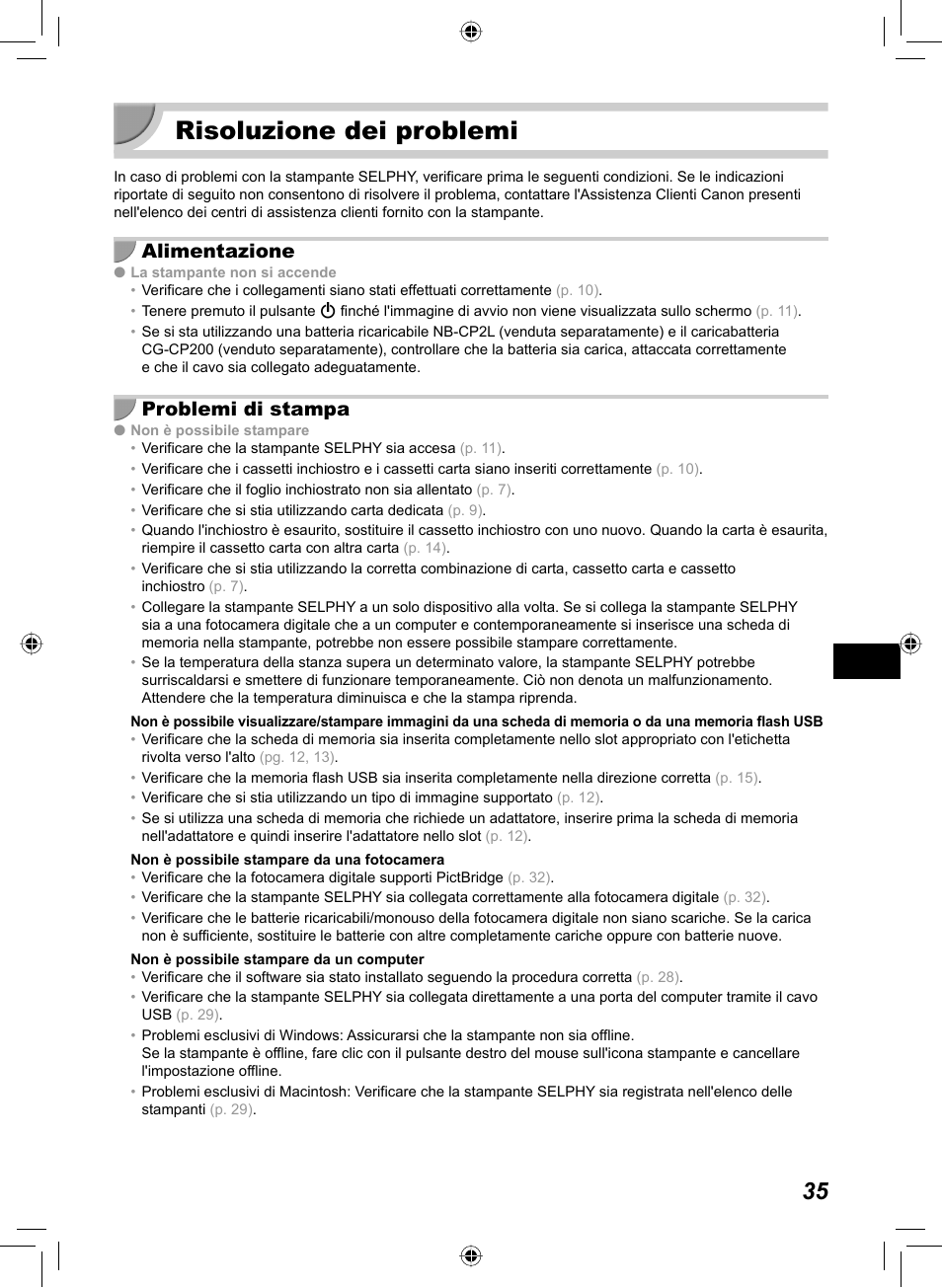 Risoluzione dei problemi, Alimentazione, Problemi di stampa | Canon SELPHY CP810 User Manual | Page 235 / 360