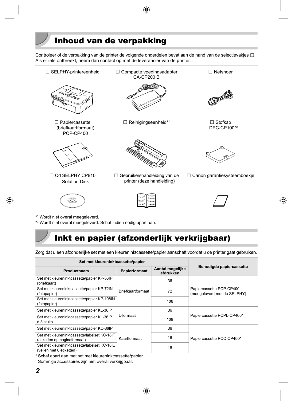 Inhoud van de verpakking, Inkt en papier (afzonderlijk verkrijgbaar) | Canon SELPHY CP810 User Manual | Page 242 / 360