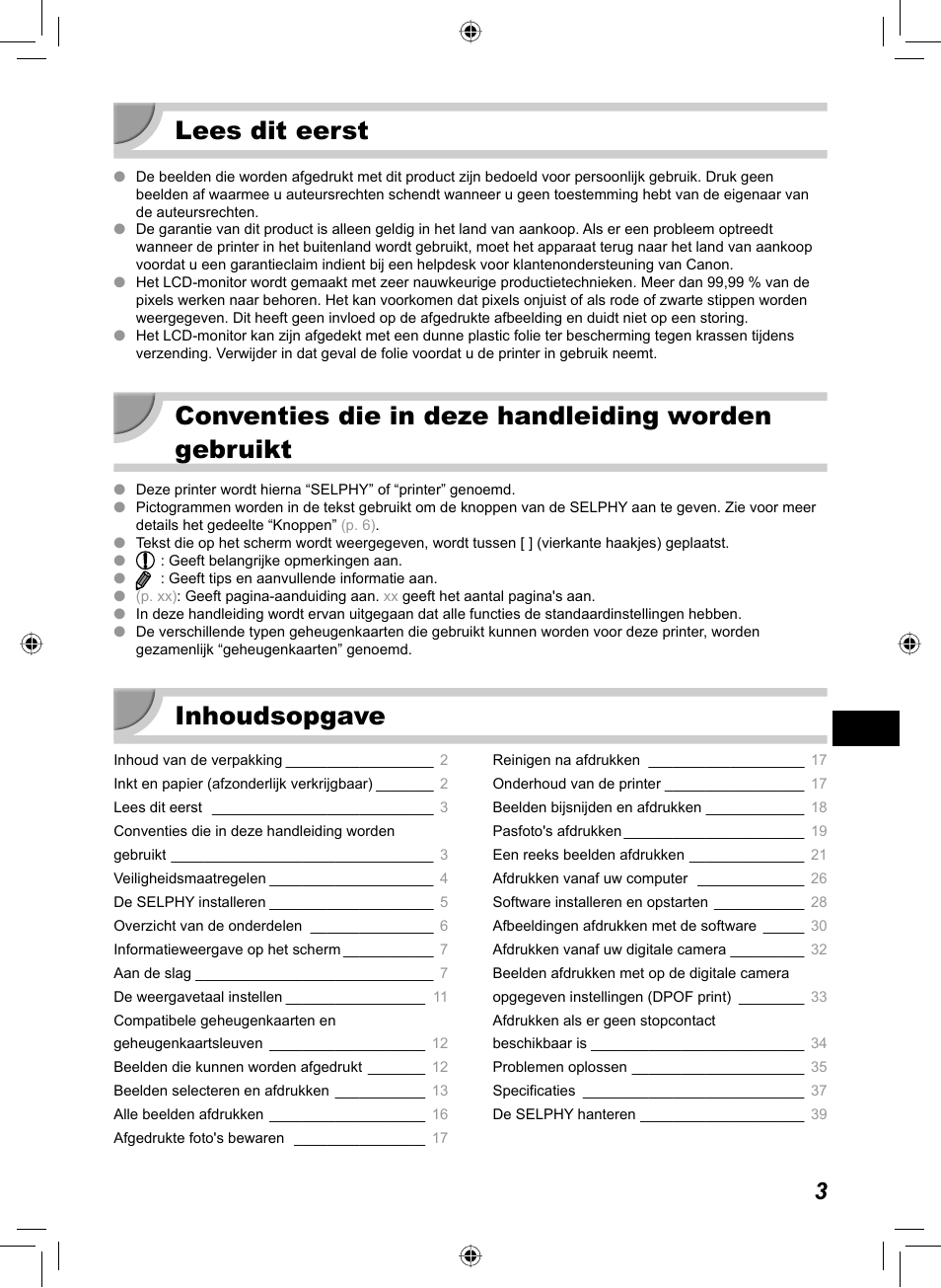 Lees dit eerst, Conventies die in deze handleiding worden gebruikt, Inhoudsopgave | Canon SELPHY CP810 User Manual | Page 243 / 360