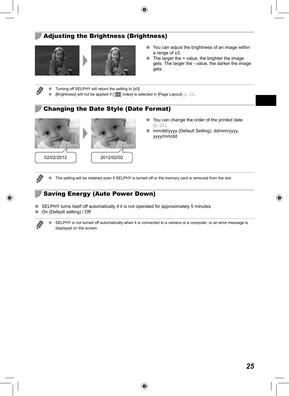 Adjusting the brightness (brightness), Changing the date style (date format), Saving energy (auto power down) | Canon SELPHY CP810 User Manual | Page 25 / 360
