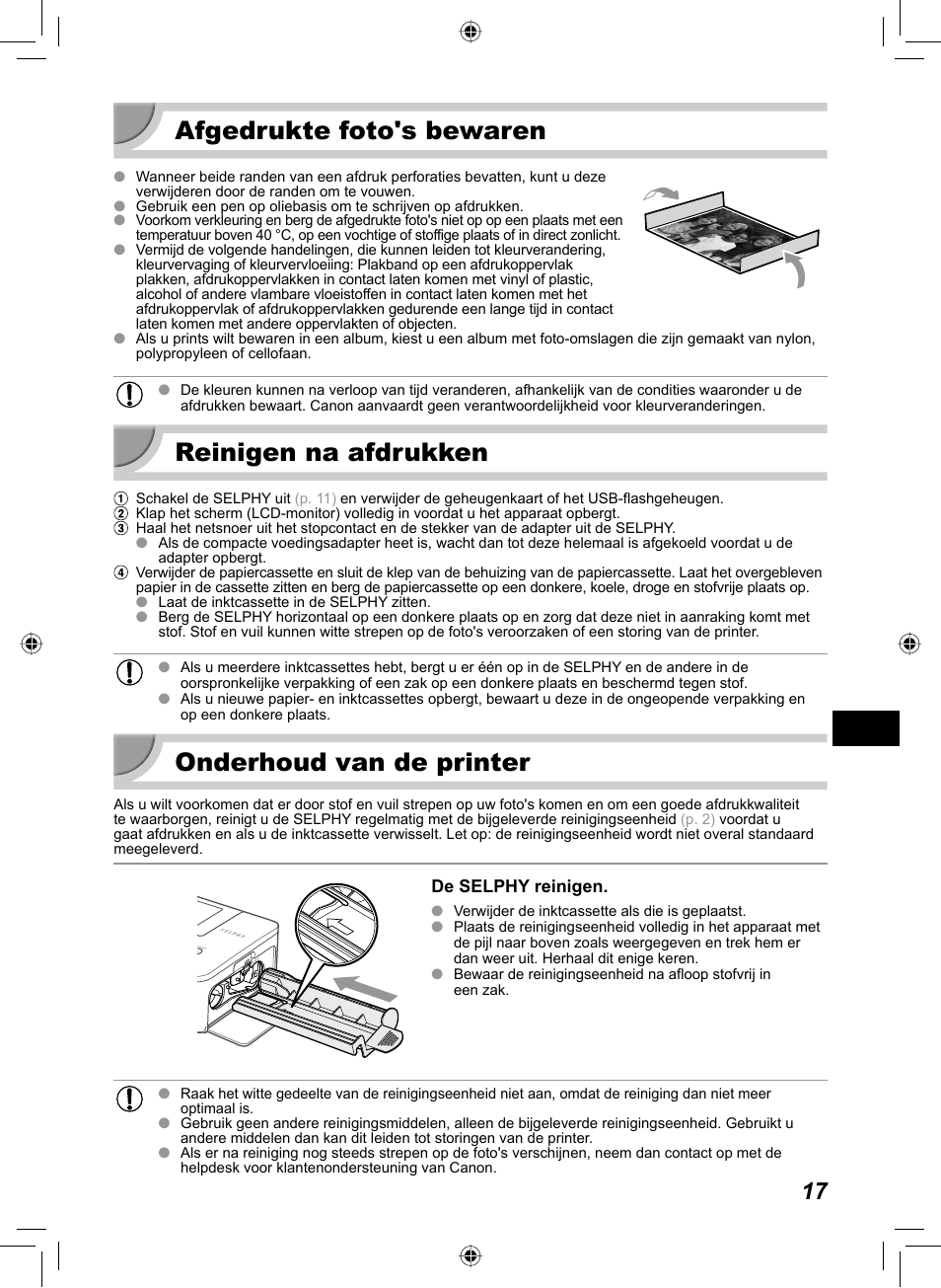 Afgedrukte foto's bewaren, Reinigen na afdrukken, Onderhoud van de printer | Canon SELPHY CP810 User Manual | Page 257 / 360