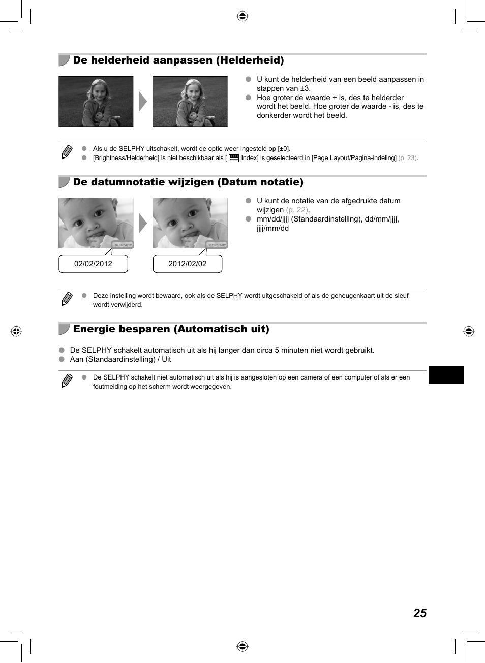 De helderheid aanpassen (helderheid), De datumnotatie wijzigen (datum notatie), Energie besparen (automatisch uit) | Canon SELPHY CP810 User Manual | Page 265 / 360
