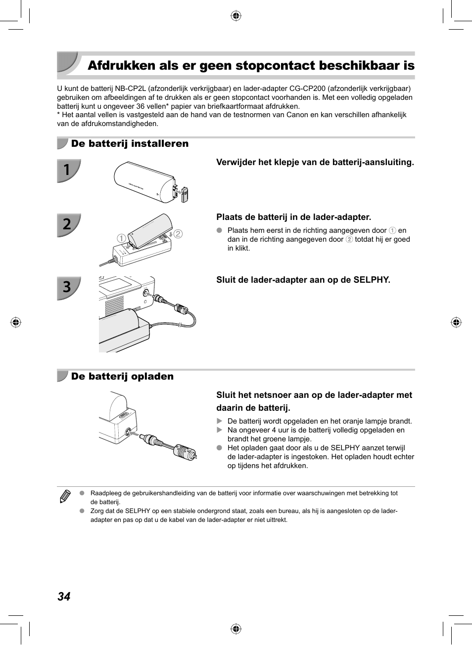 Afdrukken als er geen stopcontact beschikbaar is | Canon SELPHY CP810 User Manual | Page 274 / 360