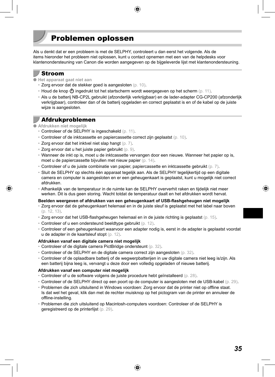 Problemen oplossen, Stroom, Afdrukproblemen | Canon SELPHY CP810 User Manual | Page 275 / 360
