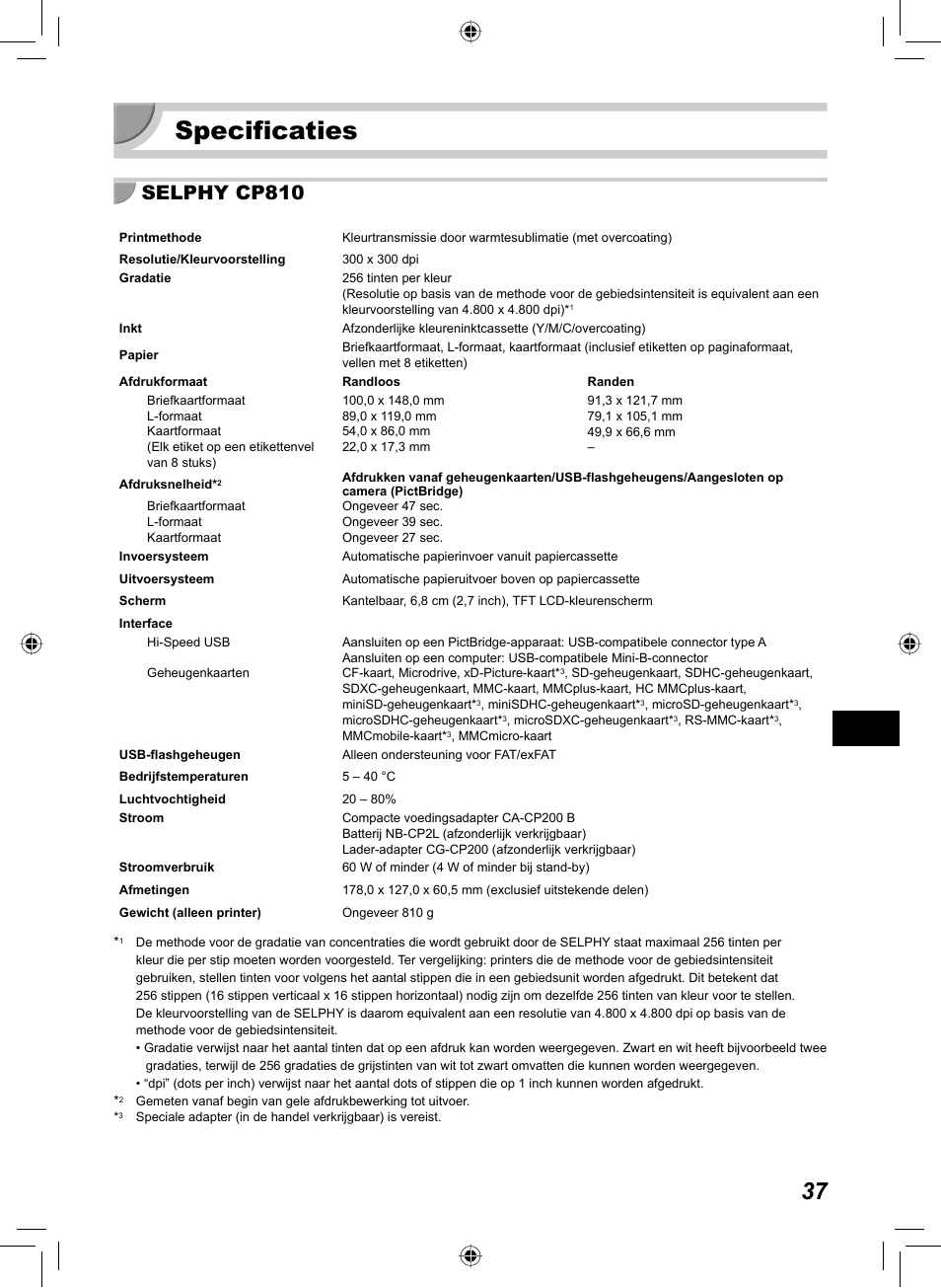 Specificaties, Selphy cp810 | Canon SELPHY CP810 User Manual | Page 277 / 360