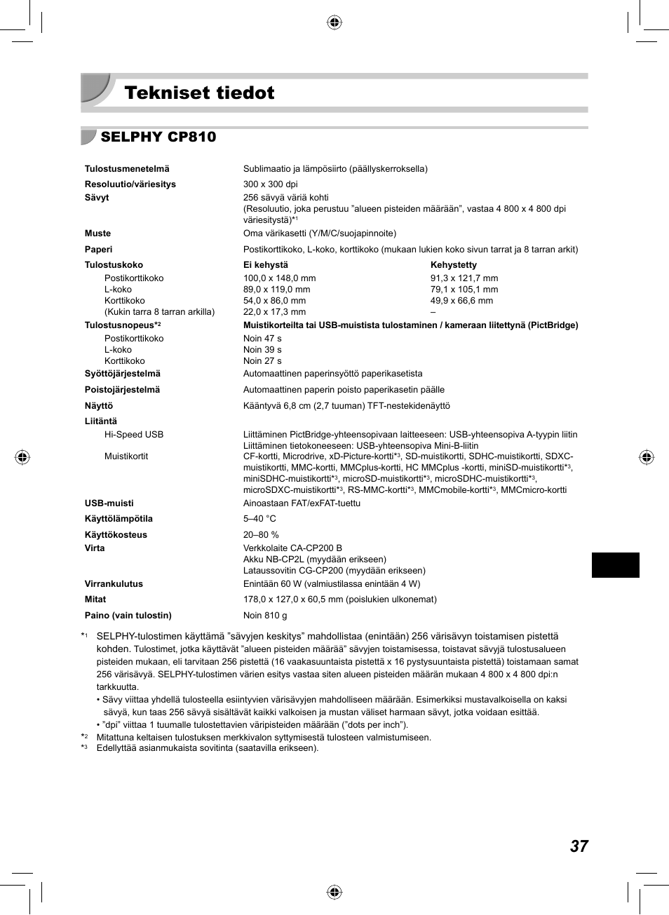 Tekniset tiedot, Selphy cp810 | Canon SELPHY CP810 User Manual | Page 317 / 360
