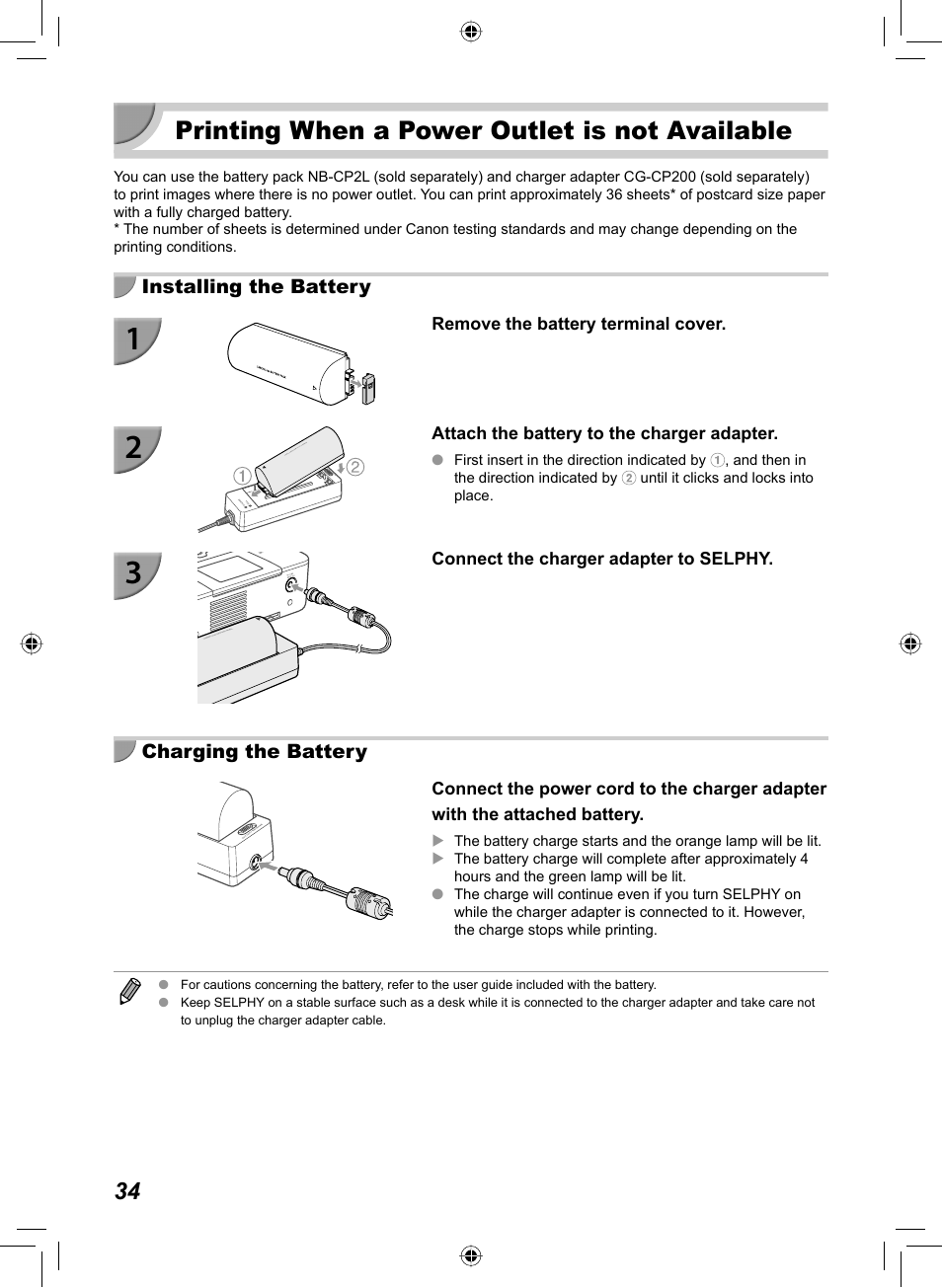 Printing when a power outlet is not available | Canon SELPHY CP810 User Manual | Page 34 / 360